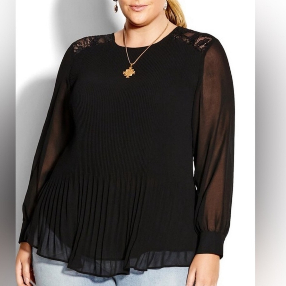 NWT City Chic Black Lust After Long Sleeve Lace Pleated Flowy Plus Size Med/18